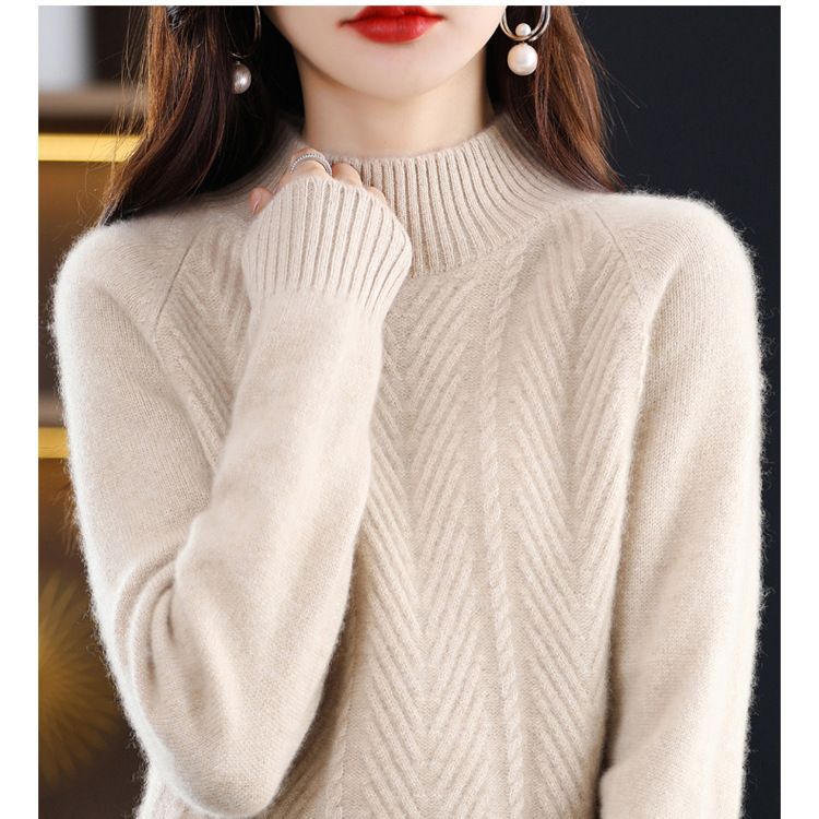 Pure Cashmere Sweater Pullover Women Autumn and Winter Half High Collar Solid Casual Long Sleeve Knitting Bottoming Sweater Top