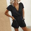 Fashion Women's Casual Loose V-Neck Solid Color Pocket Short Sleeve Jumpsuit