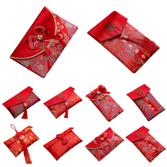 Chinese New Year Red Cash Envelope Faux Silk Red Pocket Embroidery Dragon Pattern Tassel Money Holder Cash Coin Gift Lucky Money Envelope Happy
