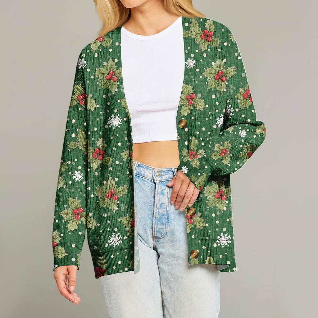 Женский модный кардиган с длинным рукавом, V-образным вырезом, на пуговицах, свободного кроя, с рождественским принтом