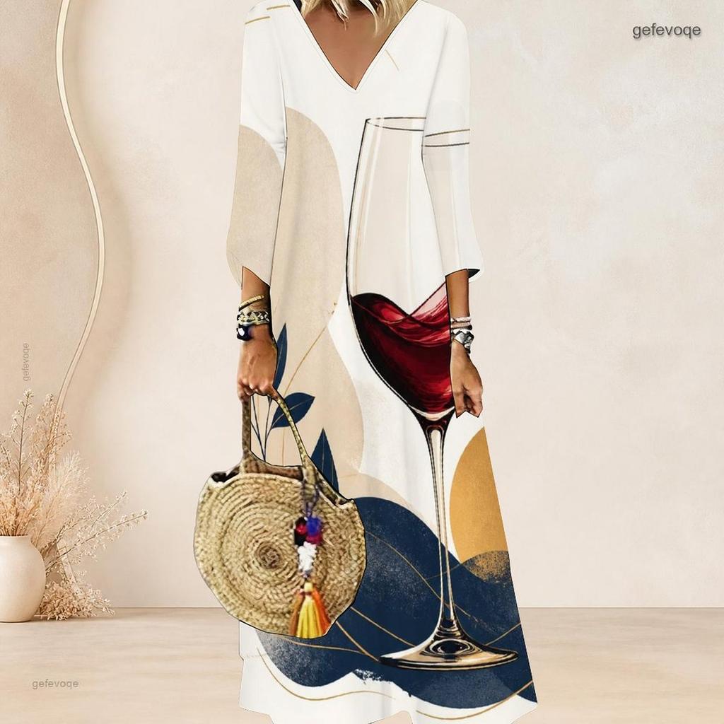 Plus Size Women V Neck 3 4 Sleeve Maxi Dress Elegant Chic Casual Everyday Holiday Wear