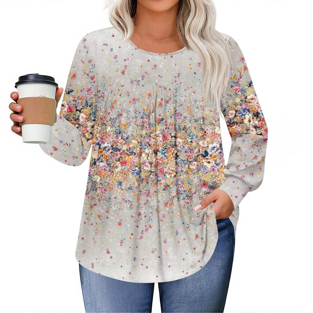 Womens Plus Size Tops Long Sleeve Shirts Round Neck Flowy Tunic Casual Loose Blouse L-5X