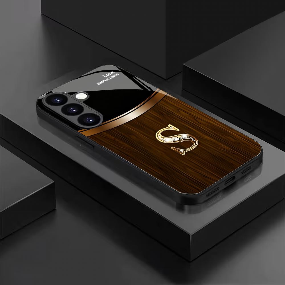 Чехол для телефона с текстурой дерева, буква S, черное стекло, подходит для Samsung Galaxy S26 S25 S24 S23 S22 S21 S20 FE/Ultra/Plus, противоударный