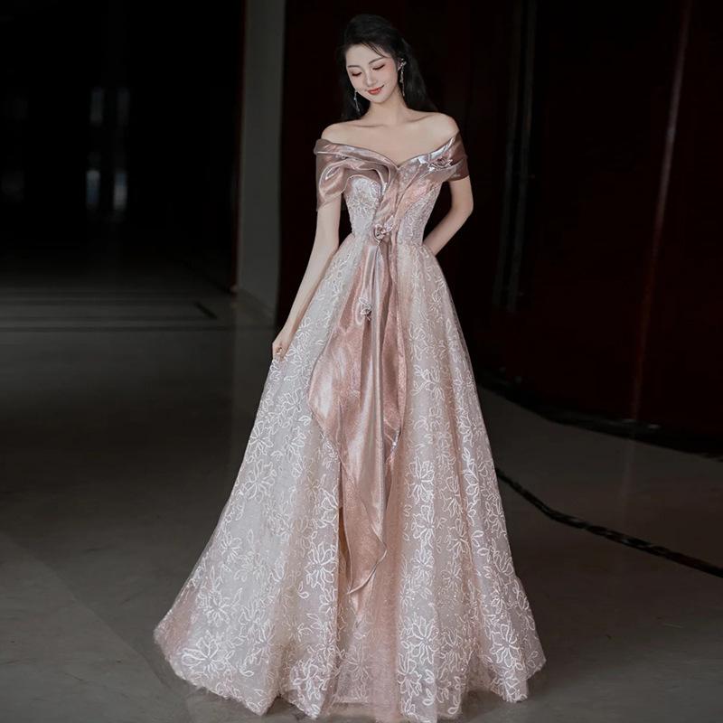 Evening dress one-word shoulder skirt women's high-end sense high-end niche light luxury bridal toast dress engagement skirt birthday host