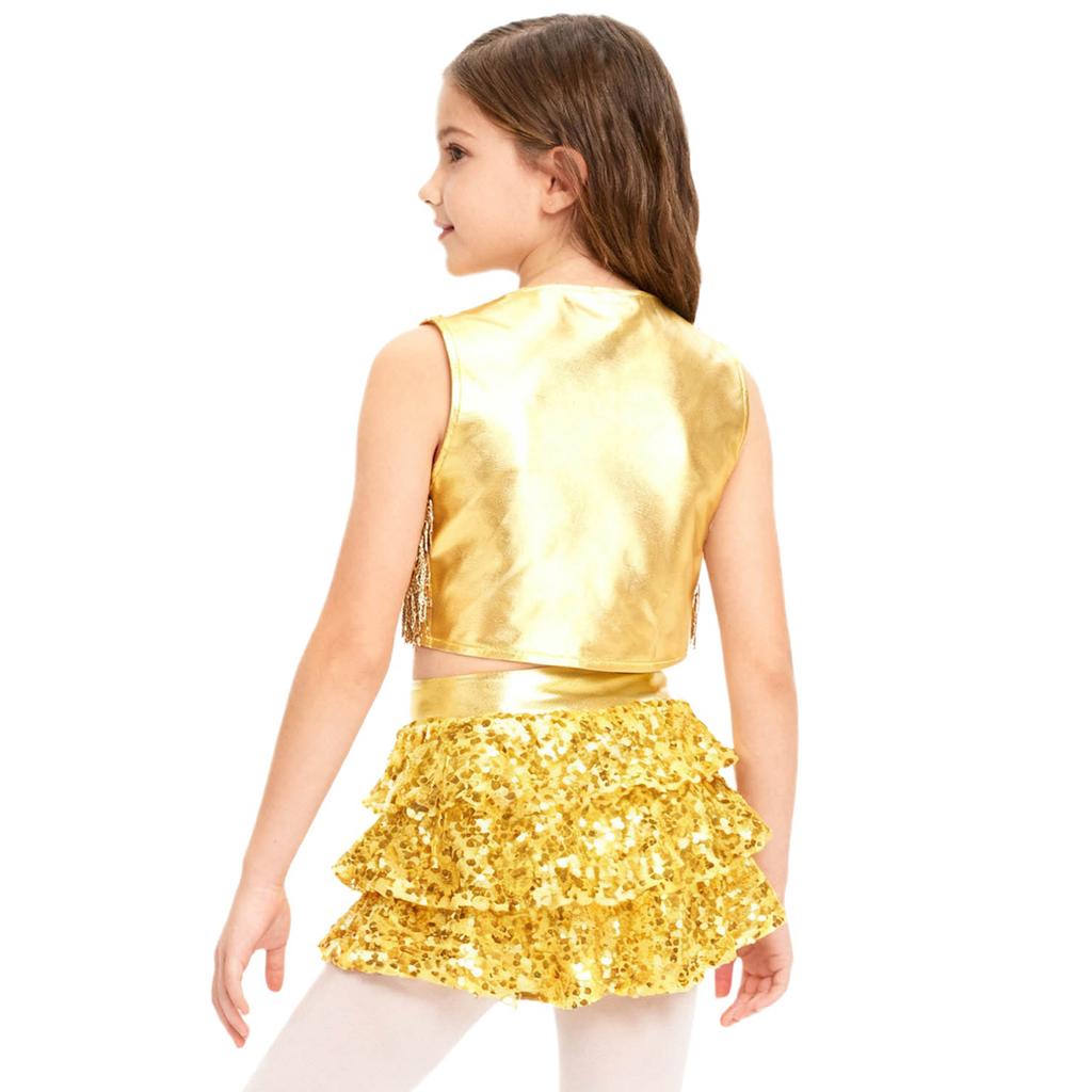 Complete 70s Disco Costume Set for Kids Girls: Shiny Metallic Top with Chest Tassels & Tiered Ruffle Shorts, 2-Piece Outfit