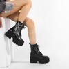 Gdgydh Women Punk Boots PU Leather Embroidered Spider Web Design Shoes Cool Retro Chunky Wedges Platform Boots Lace Up