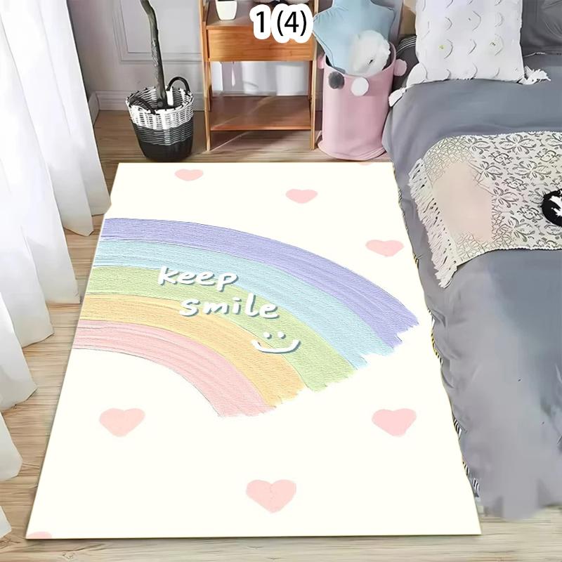 Cartoon Rainbow Living Room Rug Playful Hand Drawn Letter Smile Print Home Decor Carpet Soft Non-Slip Floor Mat for Kids Bedroom