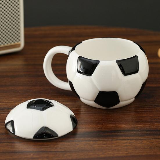Sports Theme Coffee Mug with Lid Football Baseball Ceramic Cup Black White Plaid Red Stitching Spill-Proof Microwave Safe Tea Cup