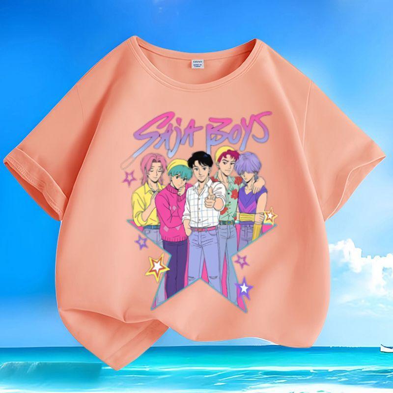 Boys and Girls' Demon-hunting Girl Group SAJABOYS Boys' Group Shirt, Summer Children's Casual Short-sleeved Pure Cotton T-shirt