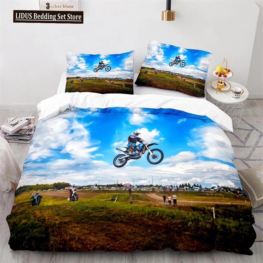 Dirt Bike Duvet Cover Set Motocross Rider Comforter Cover Motorcycle Extreme Sport Game Polyester Bedding Set For Kid Boys Teens
