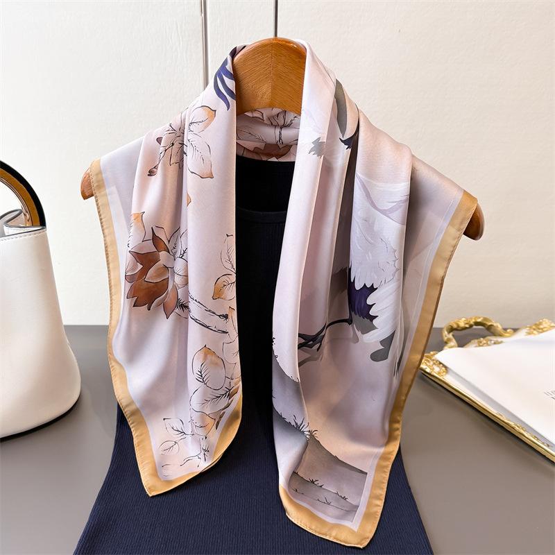 71Cm small square scarf imitation silk scarf headscarf silk crane shadow printing neck protection scarf professional versatile scarf scarf scarf