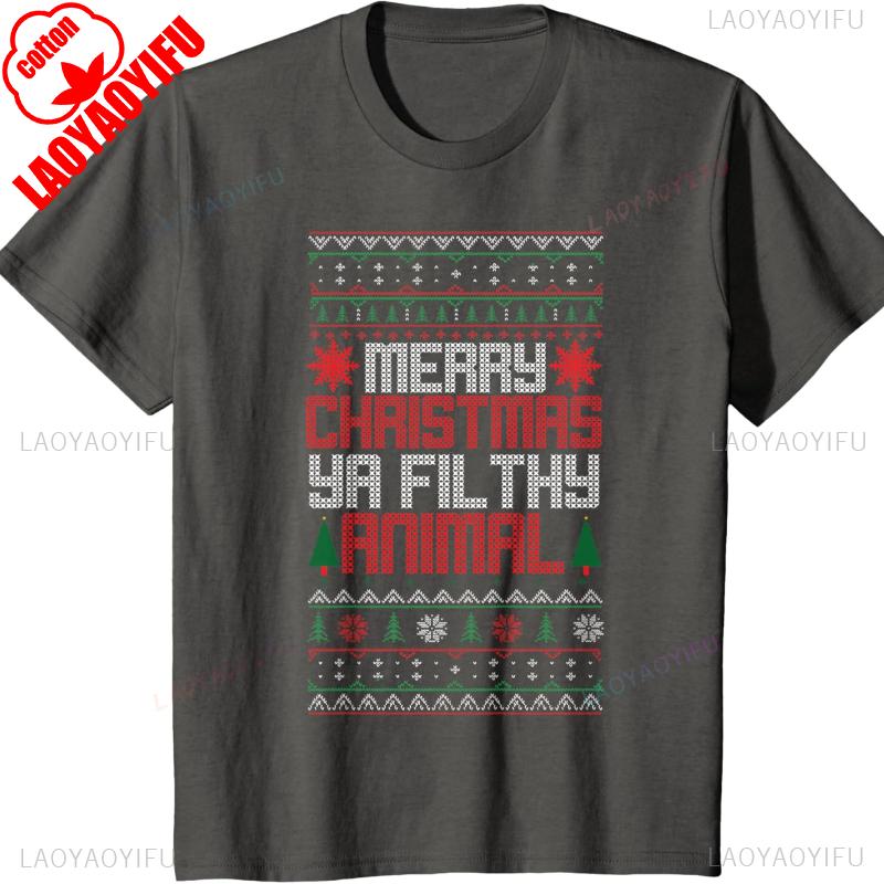Christmas Merry Xmas Ya Filthy Animal Meme Lol Ugly Camiseta Negro Crew Neck Short Sleeve Cotton Top All Seasons Casual Fashion