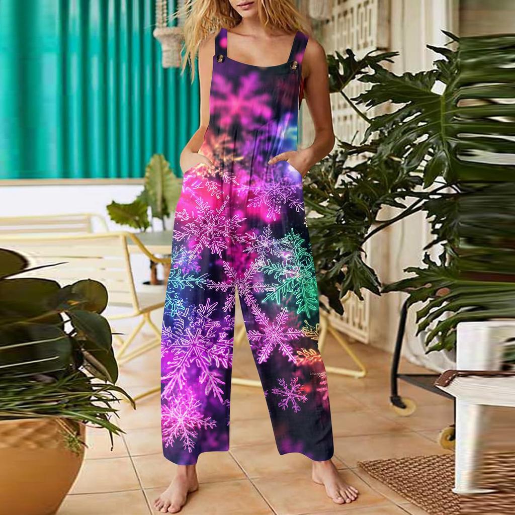 Women's Casual Christmas Printed Jumpsuit Sleeveless Printed Cotton Jumpsuit