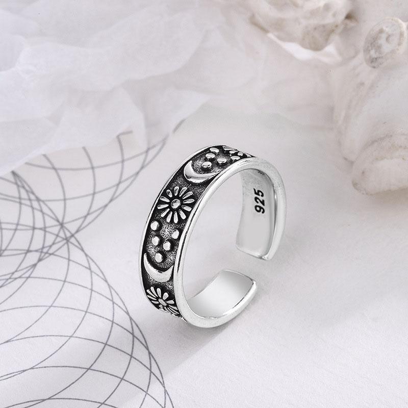 Foxanry Sun Moon Flower Open Ring for Women New Fashion Vintage Creative Design Daily Wear Jewelry Accessories Gifts
