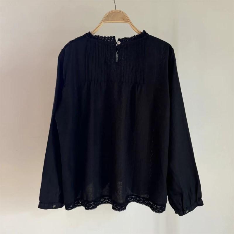 Johnature Кружевная рубашка Льняная черная рубашка с длинным рукавом Женская круглая горловина Повседневные простые блузки