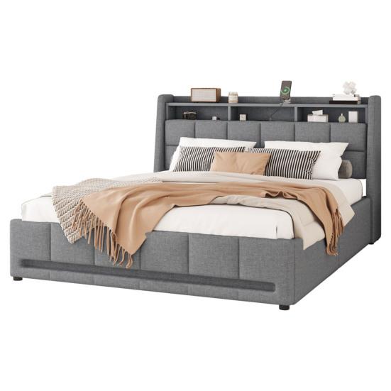 Upholstered Bed, 140 x 200cm, No Mattress, App-Controlled LED Light, Bed with Drawers Featuring Power Outlets and USB Ports, Built-In Storage