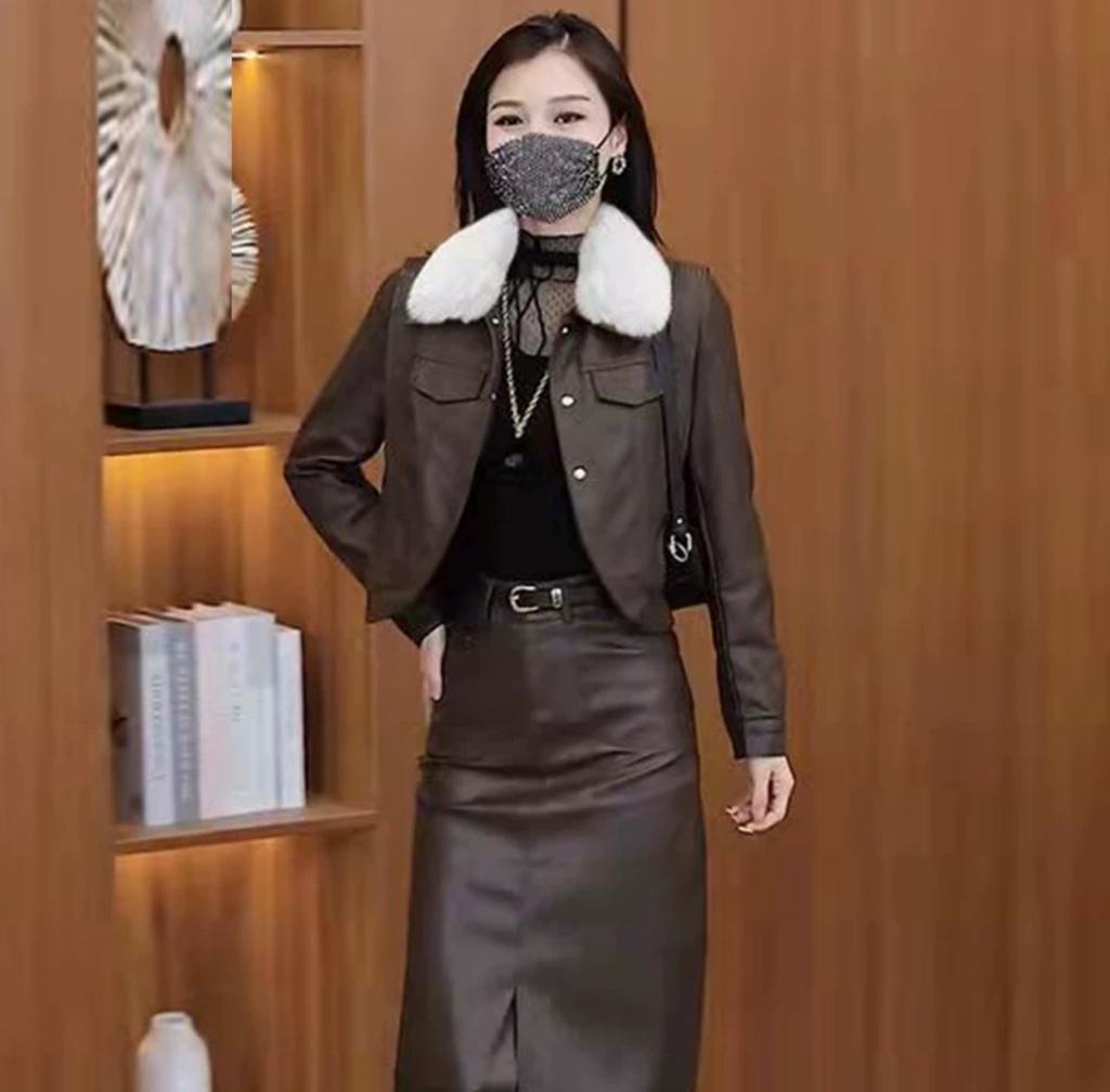 Короткая кожаная куртка из бархата, женские топы, осень и зима, новый модный костюм, юбка, маленькая кожаная юбка