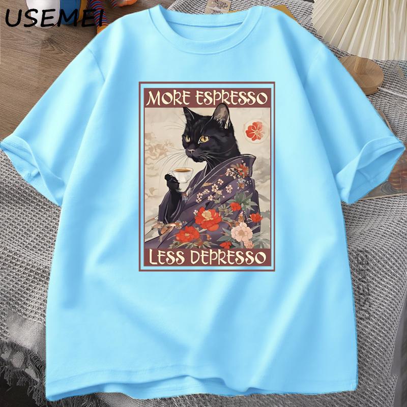 More Espresso Less Depresso Humorous TShirt Unisex Women Black Cat Coffee T Shirt Cotton Y2k Summer Loose Short Sleeve Tee