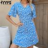 Женская мода лето весна цветочный принт с коротким рукавом V-образным вырезом с высокой талией повседневные платья