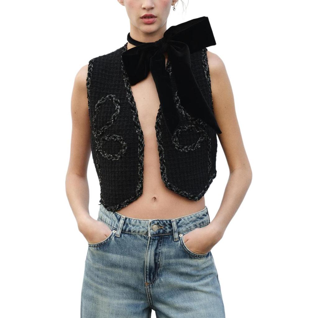 Zara Модный передний открытый яркий трикотажный жилет женский топ черный 4192121-800