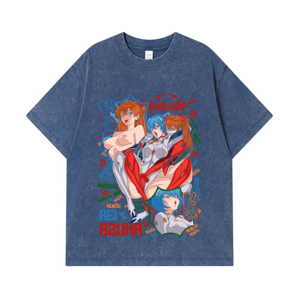 Стиранные футболки 275 г/м² 100% Хлопок Evangelion V9 Аска Рей Ваифу Принт Унисекс Плотная хлопковая футболка