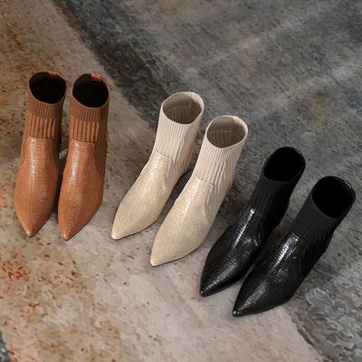 Женские короткие ботинки, весенние новые модели, вязаные ботинки Мартин, толстый каблук, высокий каблук, остроносые ботинки Челси, тренд