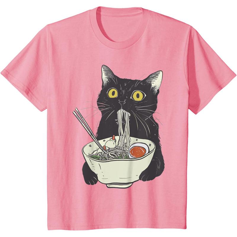 Футболка с забавным рисунком кошки для женщин, еда, лапша, 3D-принт, короткие рукава, летние свободные топы с воротником