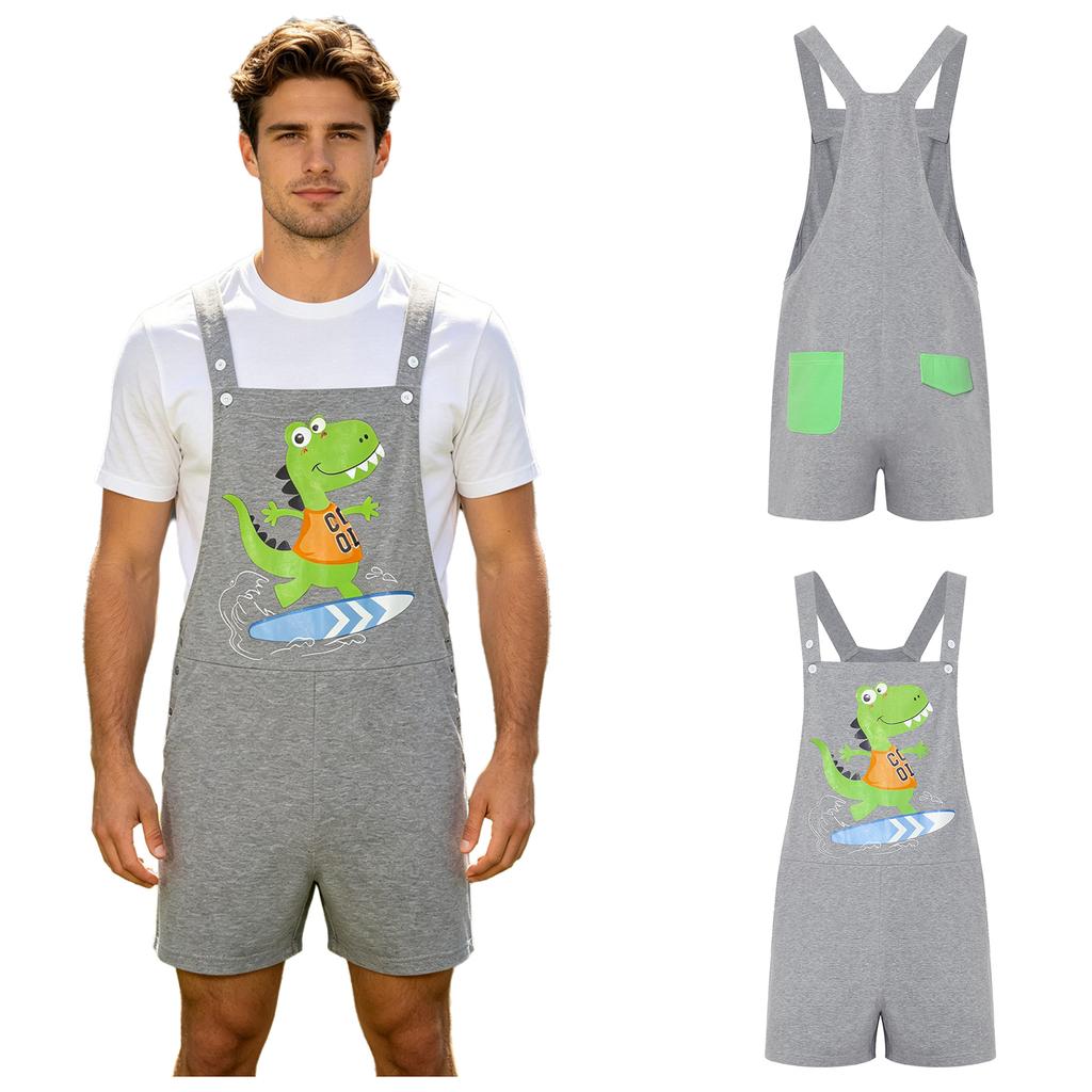 S-XXL Men Cartoon Dinosaur Printed Overalls Pajamas Back Color Blocking Pockets Adjustable Straps Bib Shorts Rompers Sleepwear