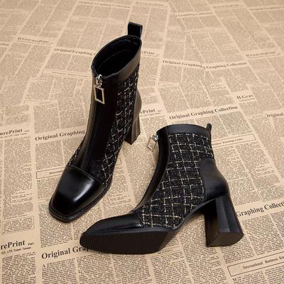 Новые женские дизайнерские клетчатые твидовые сапоги на толстом каблуке с молнией спереди короткие сапоги сексуальные ботильоны на высоком каблуке женская обувь для вечеринок