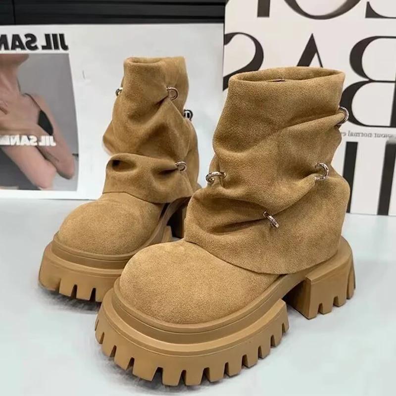 Модные женские ботильоны на платформе, модные замшевые туфли на среднем каблуке, женские зимние ботинки челси 2025 года, прогулочные, новые, готические, зимние ботинки Botas Mujer