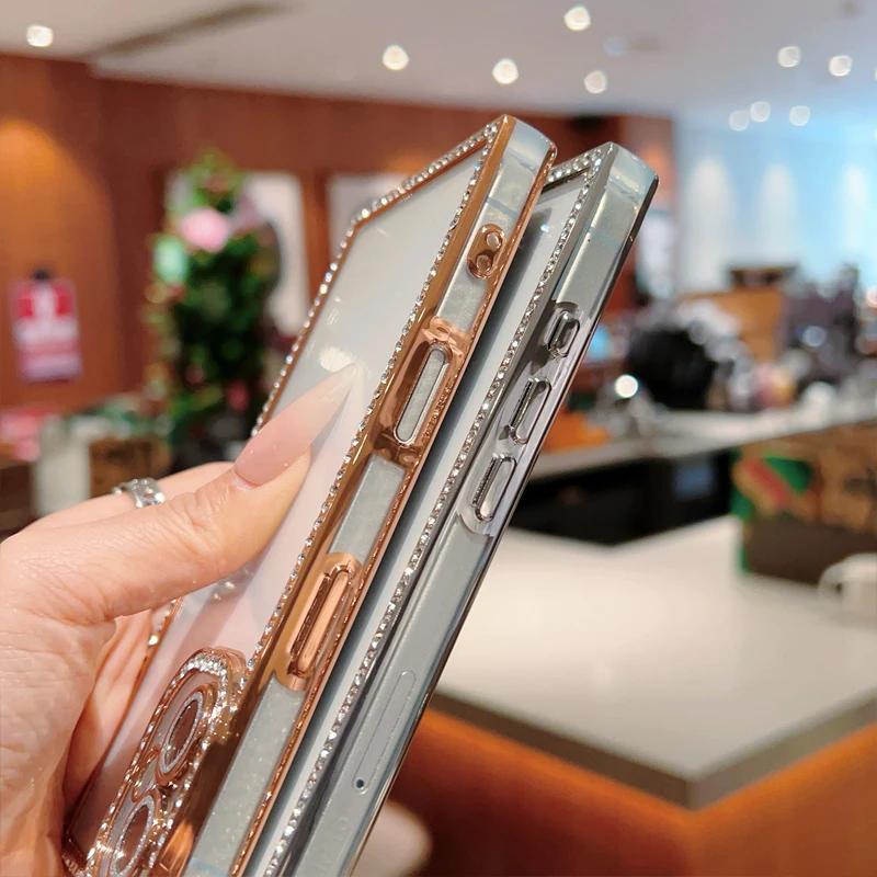 Прозрачный чехол с алмазным покрытием для iPhone 16 Pro Max 15 Plus 14 13 Pro, мягкий силиконовый защитный противоударный чехол для линз