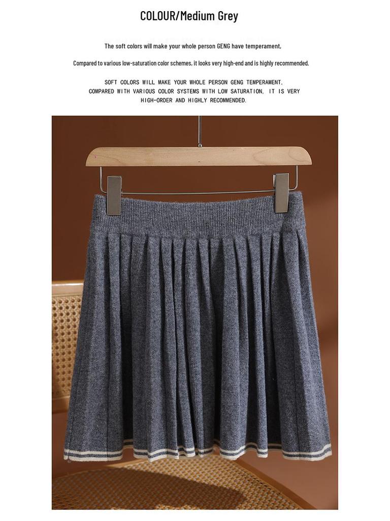 Color-Blocked Pleated Wool Knit Skirt - Elastic Waist, Korean Style, Autumn/Winter Casual Mini Skirt for Women