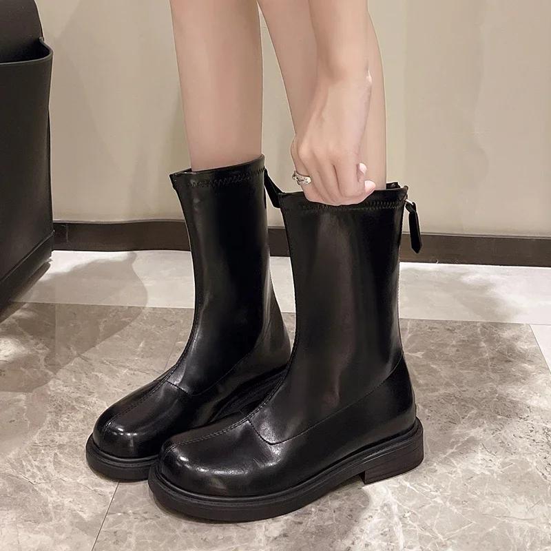 Мода 2024 года, высококачественная женская обувь, женские сапоги с молнией сзади, модные, с круглым носком, современные сапоги, женские ботильоны на квадратном каблуке
