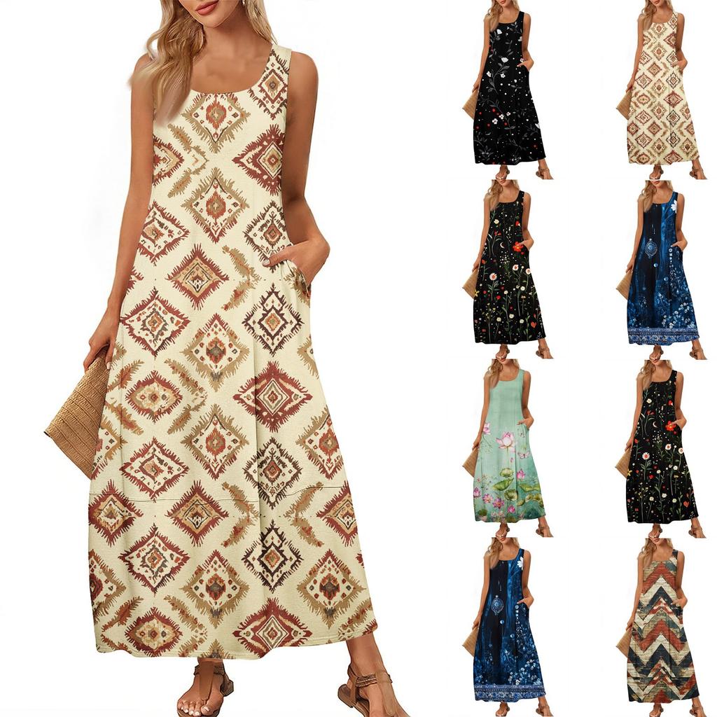 Women's Casual Long-length Sundress Summer Beach Dress Round Neck Sleeveless Loose Sundress