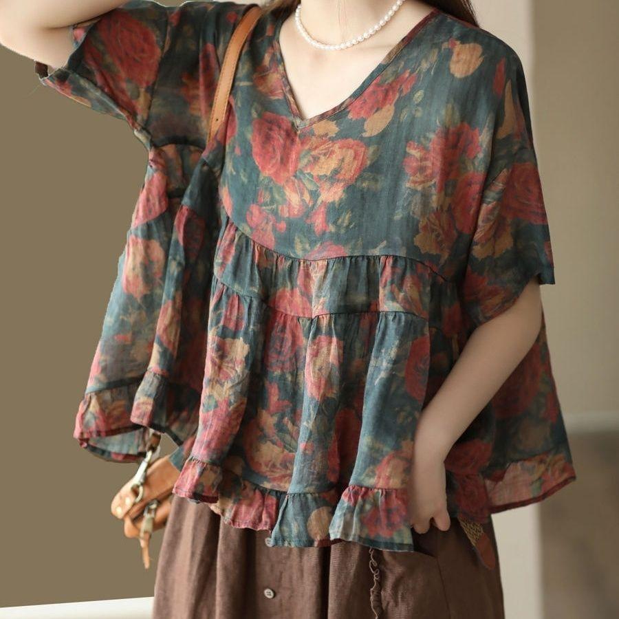 Весна Лето Новая Винтажный Принт Женская Рами Пуловер Рубашка с Элегантной Лоскутной Детской Рубашкой