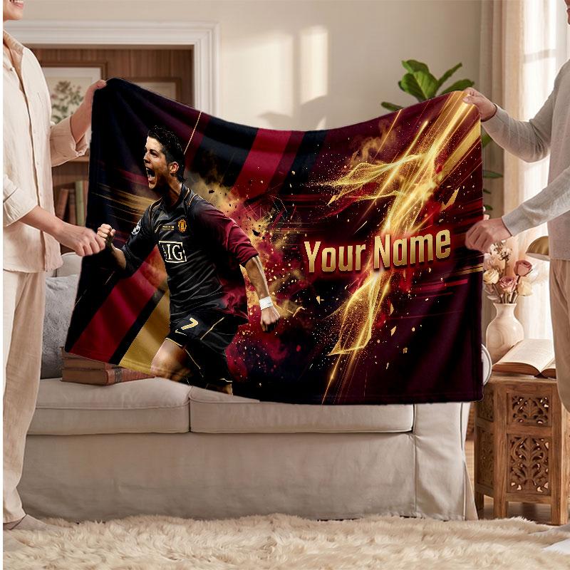 Cristiano Ronaldo Personalized Fleece Blanket With Football Logo, Custom Name Text Soft Warm Home Throw Blanket