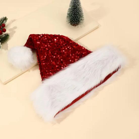Christmas Sequin Santa Hat for Adults Unisex Glittery Sparkly Holiday Hat with Fluffy Pompom for New Year Xmas Party Supplies