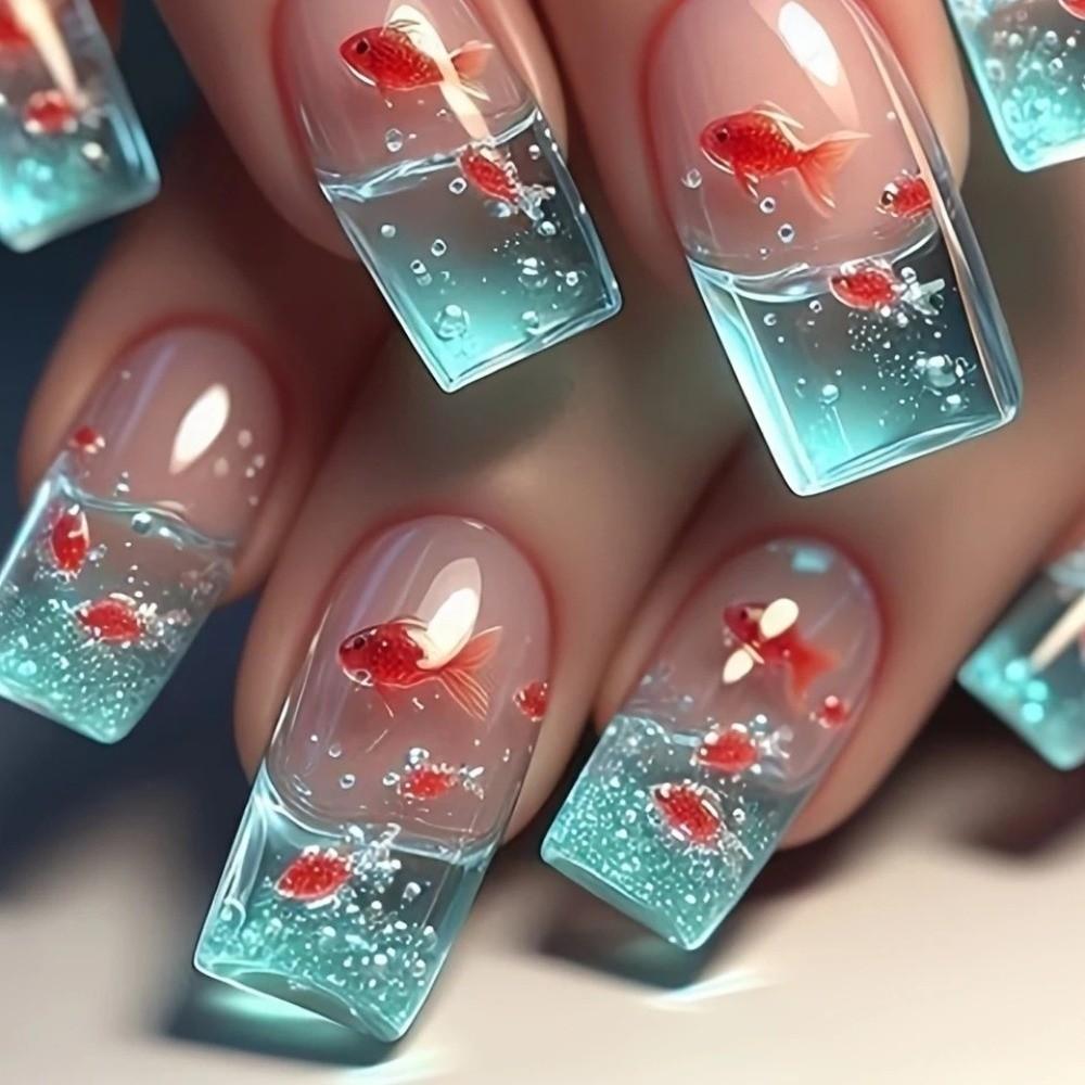 24pcs/set Transparent Artificial Nails Fish Press-on Nails New Nail Art Mold Nail Decorations