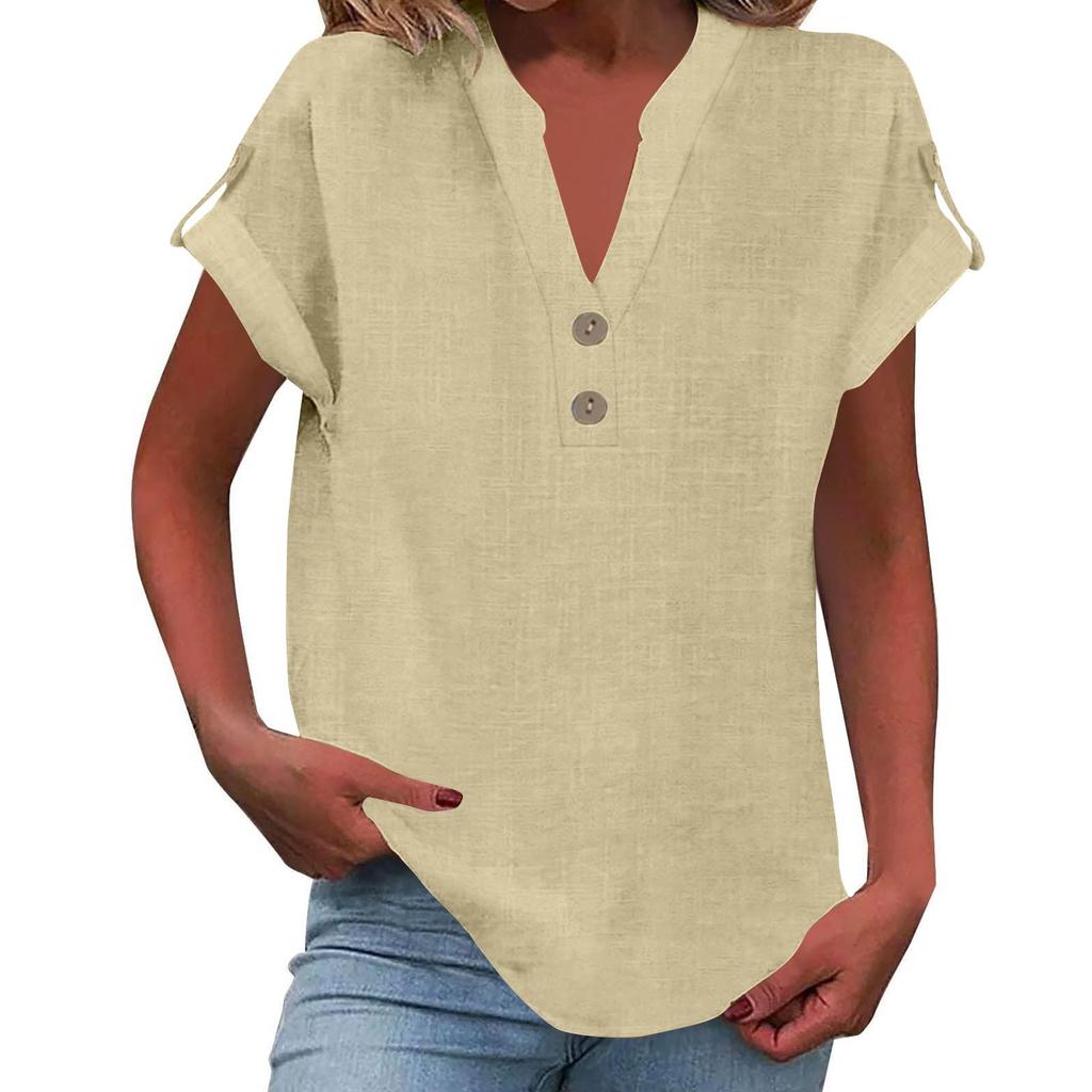 Women's Fashion Casual Solid Colour V-Neck Short Sleeve Button Down Shirt T-Shirt Top