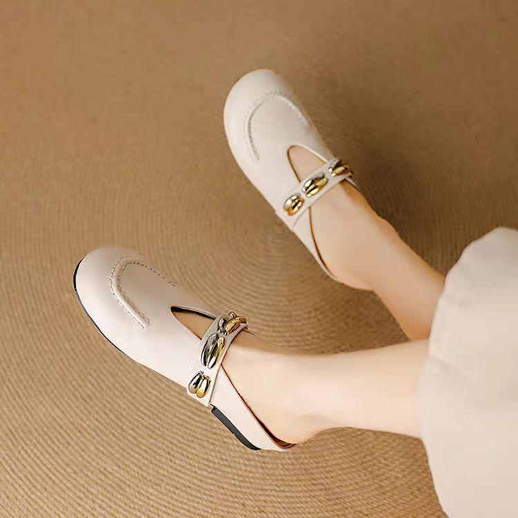 Huge comfortable French leather bag head half slippers women's summer wear 2025 new flat bottom inner height increase sandals women's shoes