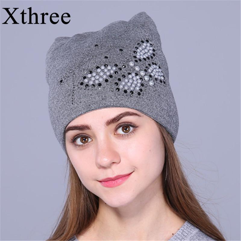 Xthree Autumn Winter Hat for Women Knitted Beanies Hat Cat Ear Stylish Cap Butterfly 2017 New Fashion Lovely Cap