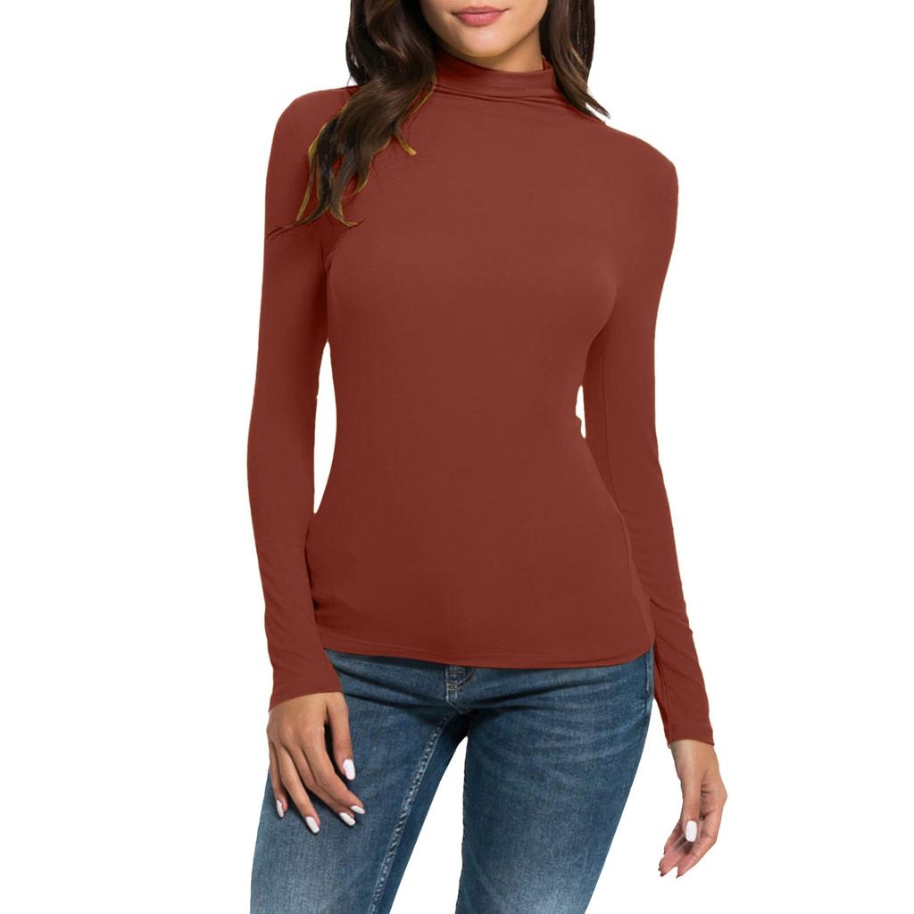 Women's Fashion Slim-Fit Stretch Base Layer Top Solid Colour Long-Sleeved Blouse