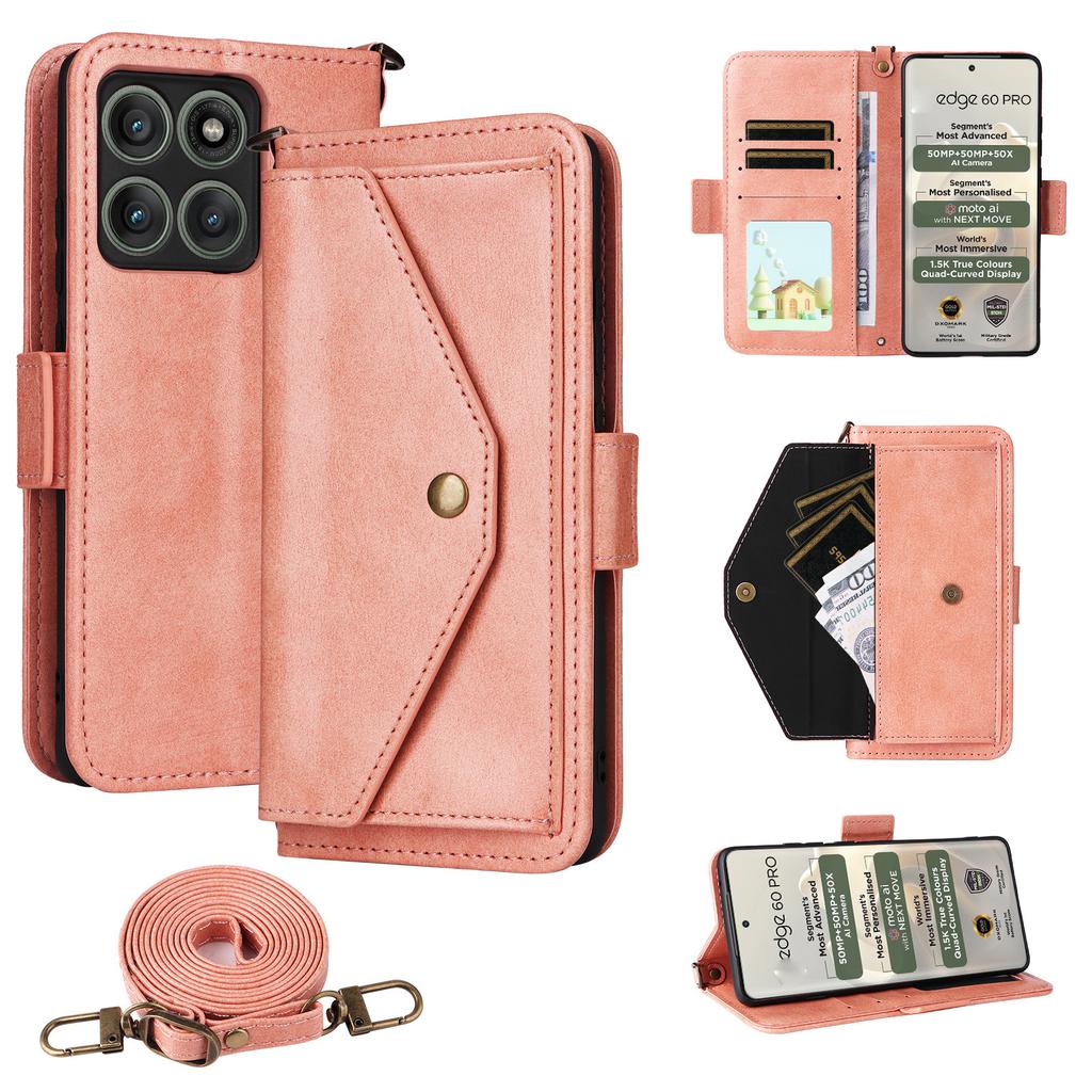 For Motorola Edge 60 Pro 5G Leather Case Magnetic Closure Wallet Stand Phone Cover with Crossbody Strap