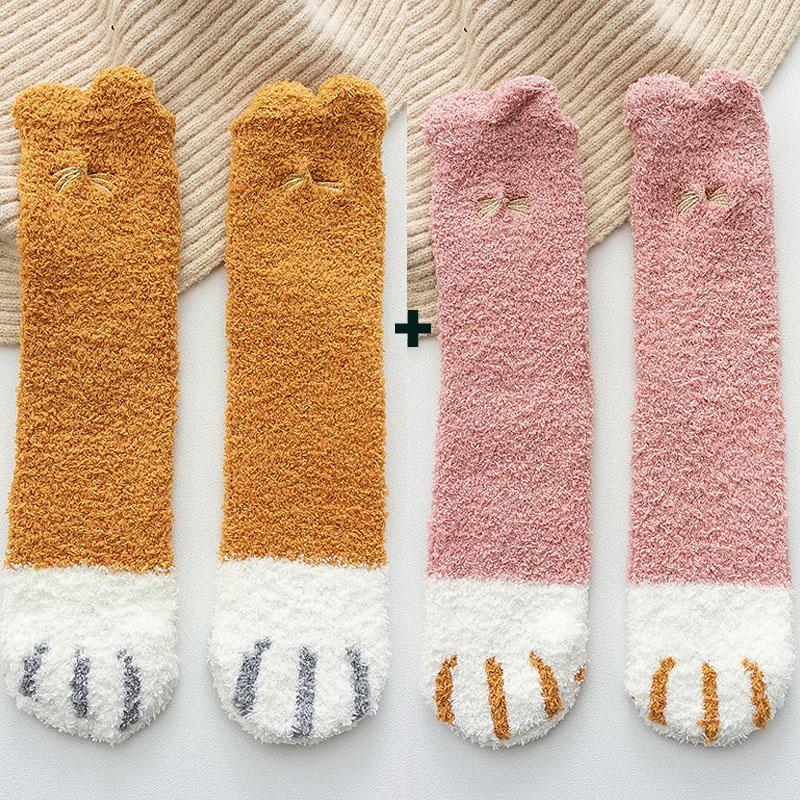 2 пары/лот флисовые тапочки коралловые осенне-зимние носки милые женские носки с принтом кошачьих лапок и животных