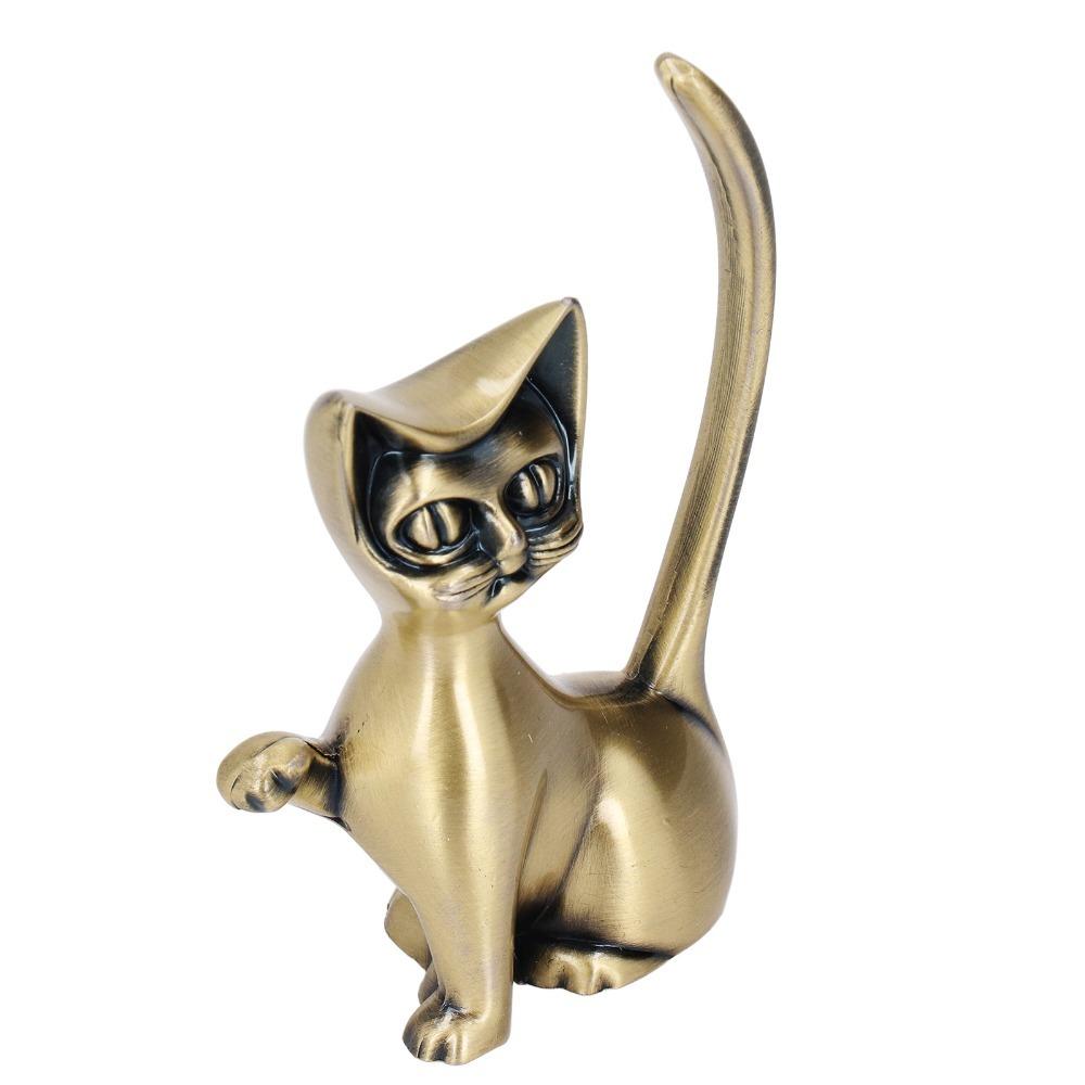 Zinc Alloy Cat Ring Holder Solid Brass Cat Statue Jewelry Towers Ring Organizer Shelf Decor