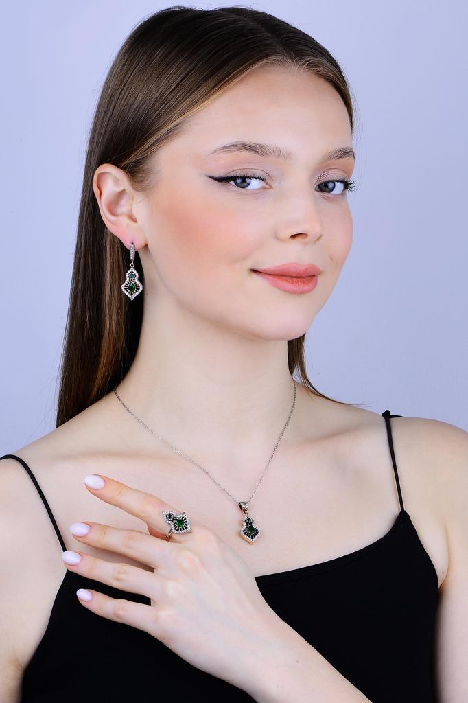 Минималистичный комплект ювелирных изделий из стерлингового серебра 925 пробы с изумрудными камнями, элегантное ожерелье, серьги, кольцо в османском стиле - уникальный подарок для женщины