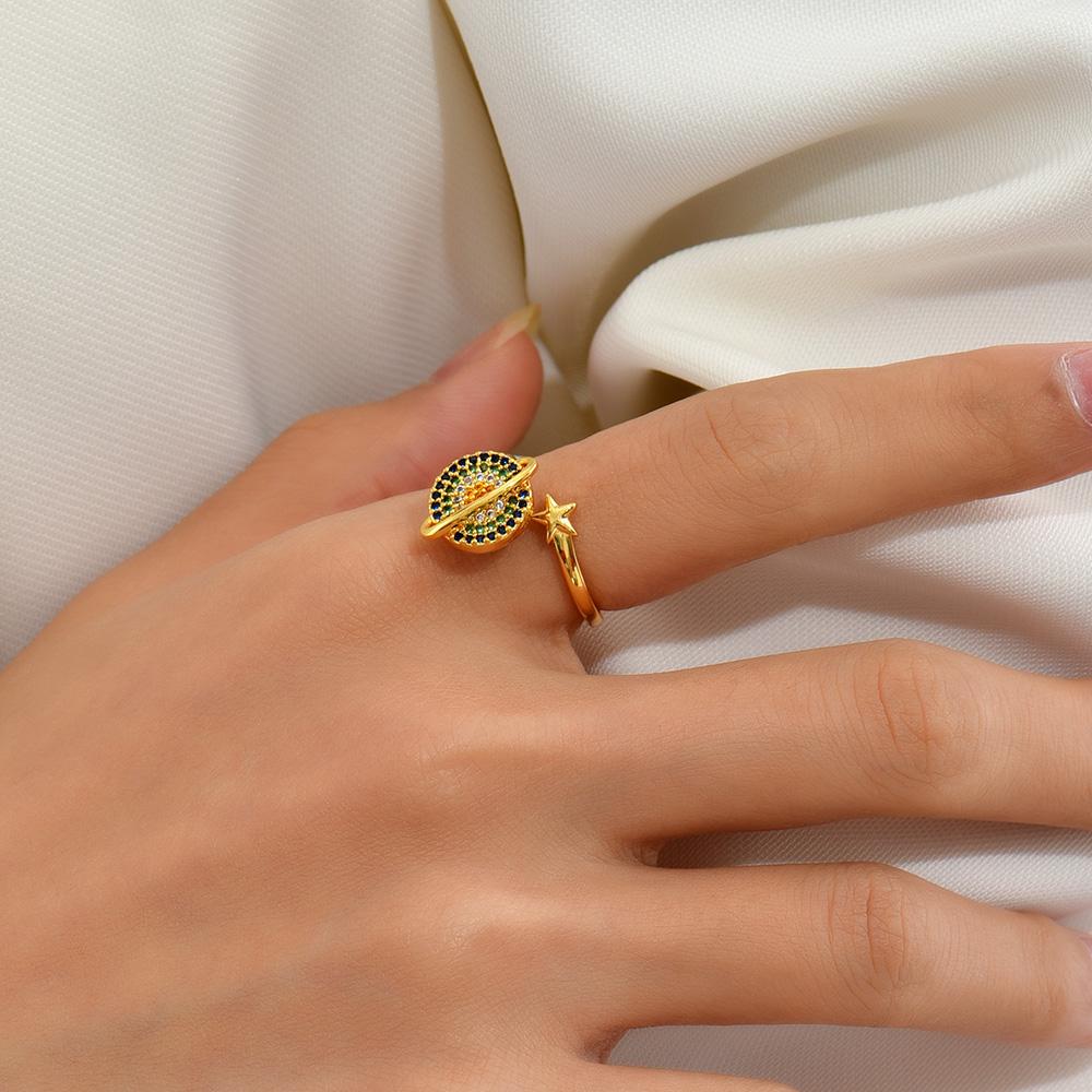 CZ Zircon Spinning Planet Anxiety Ring for Women Fidget Anti-stress Rotate Round Adjustable Open Rings Vintage Zircon Gift