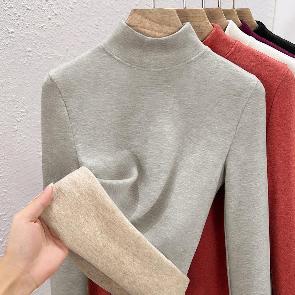 Autumn and Winter Women's Clothing Containing Wool and Silk Bottoming Shirt Women's Inner Heating Fleece Warm Turtleneck Top with Fleece and Thicker
