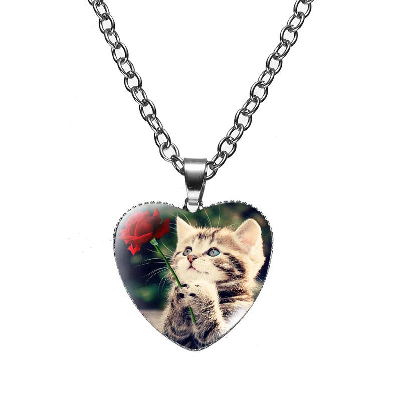Женская мода милый питомец котенок стеклянный кабошон сердце форма ожерелье кулон ожерелье ювелирные изделия аксессуары подарки