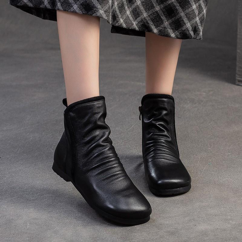 Johnature Короткие сапоги из натуральной кожи с плиссировкой на плоской подошве, удобные, с мягкой подошвой, в стиле ретро для женщин